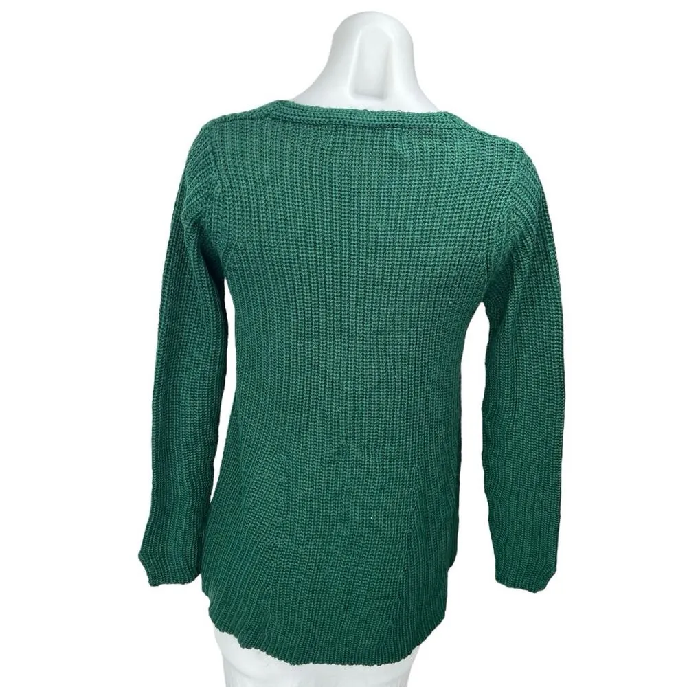 Zara Women's Green Long Sleeve Cable Knit Plunge Neck Pullover Sweater Top Sz M - Image 2