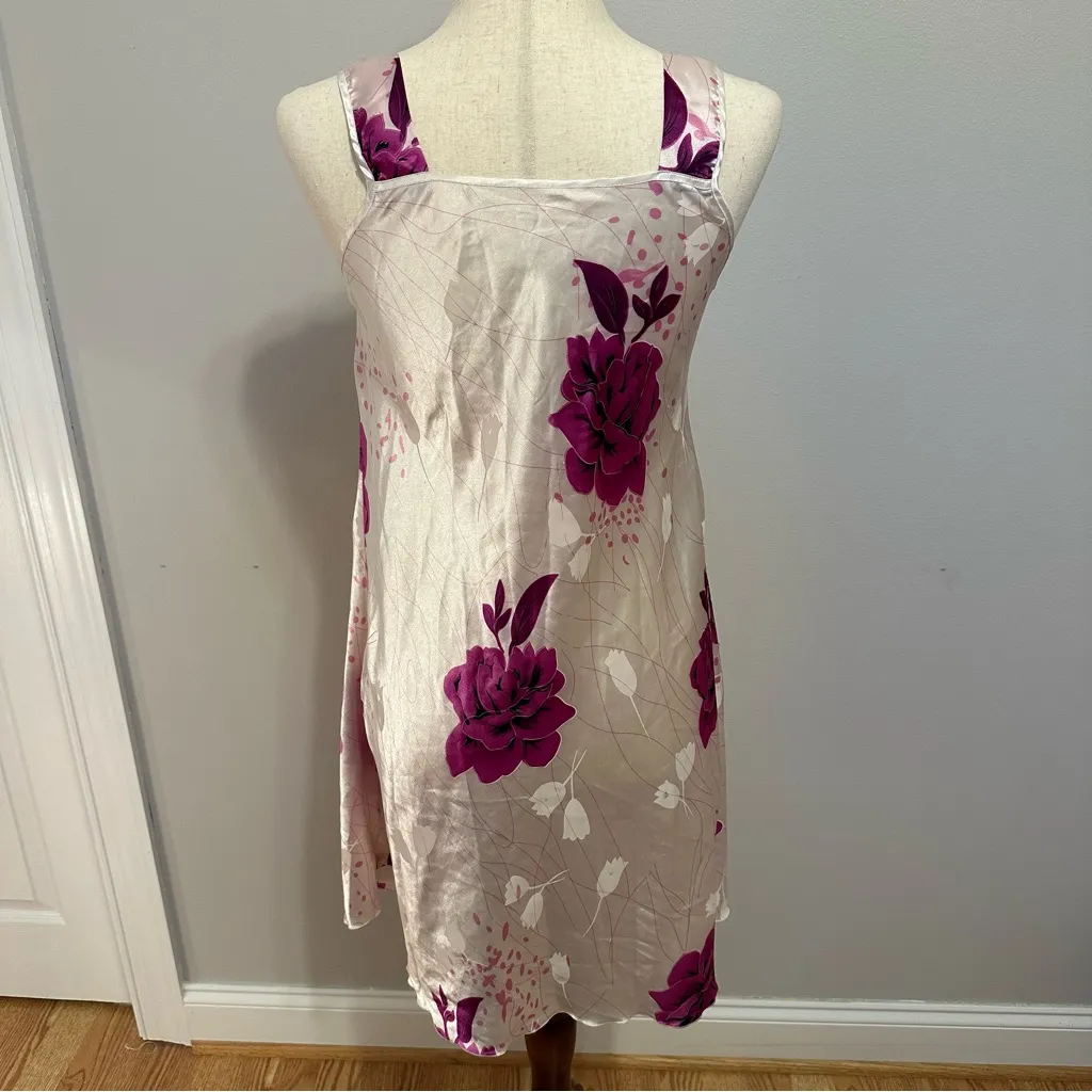 90s Cream and Magenta Floral Print Slip Lingerie Dress Purple Size undefined - Image 3