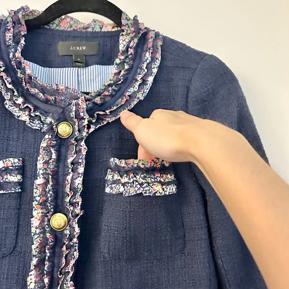 J. Crew Lady Jacket Navy Blue Floral Liberty Fabric Ruffle Trim Tweed Blazer (4) - Image 9
