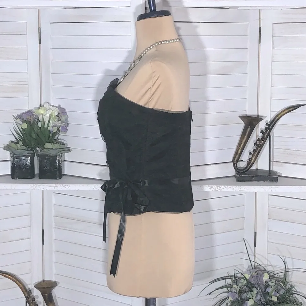 Vintage Y2K Black Strapless Lace Top Bow Tie Size Small - Image 4