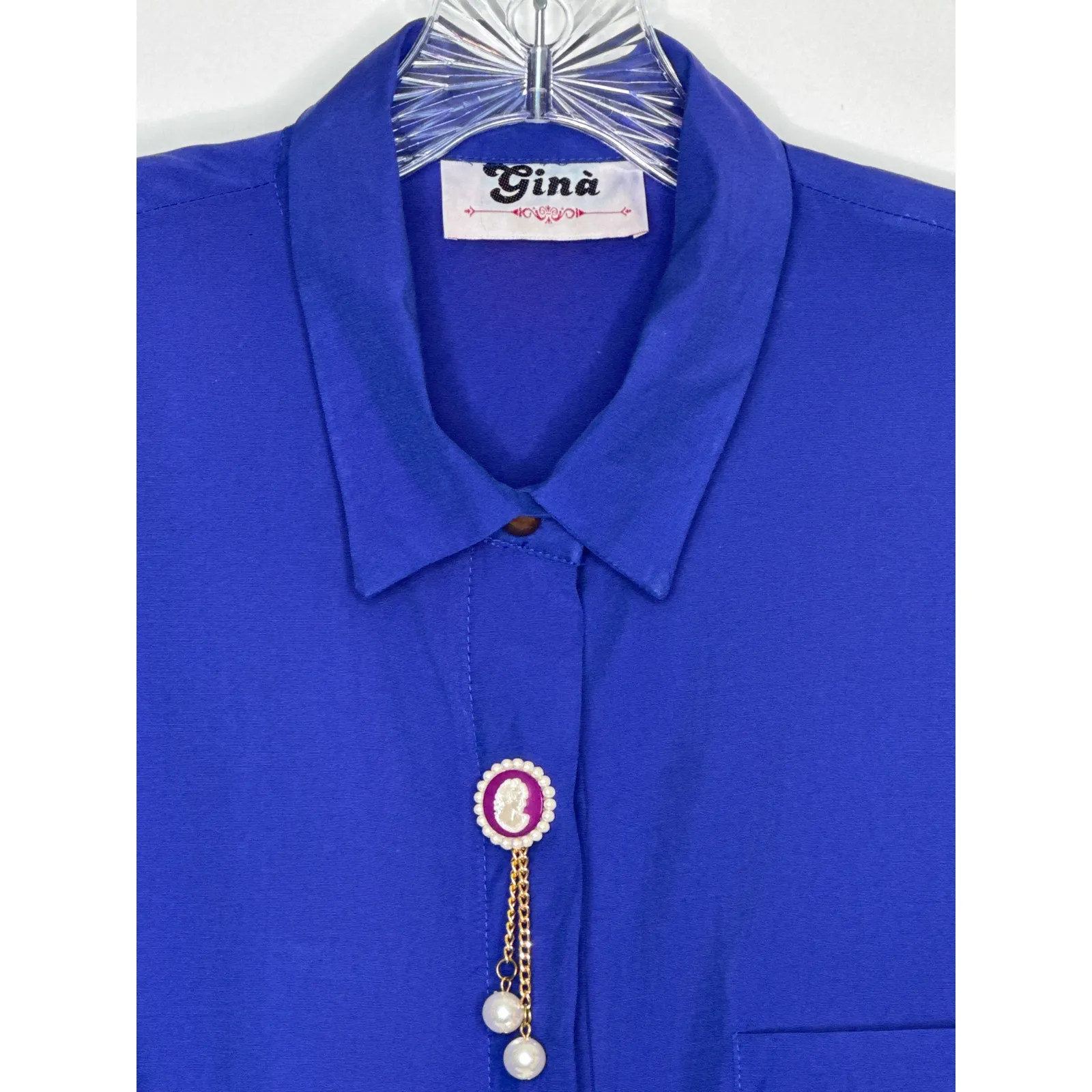 Vintage Gina Royal Blue Cameo Blouse / dress Pearl & Gold Chain Accents Medium - Image 6