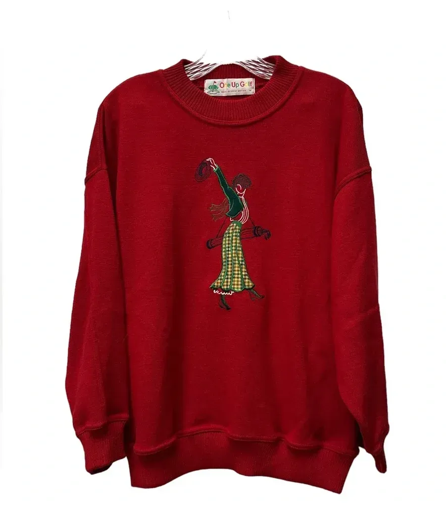 One Up Golf Vintage Sweater Wool Blend Embroidered Golfer Size Medium Made In UK Red - Image 1