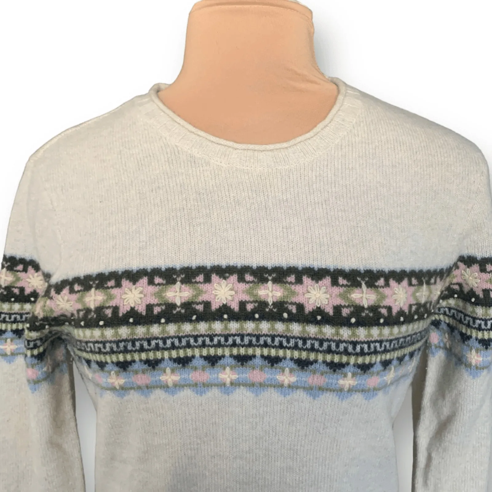 Vintage Lucky Brand Sweater Cream Pink Faire Isle Boxy Neutral Knit Pullover Size M - Image 2