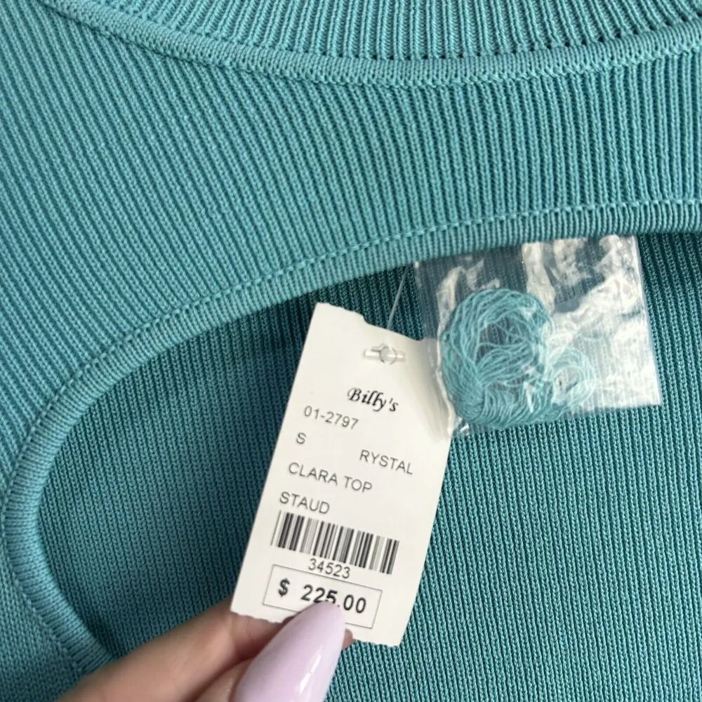 STAUD Clara Knit Top Long Sleeve Small Turquoise Heart Cutout Ribbed Knit NWT - Image 6