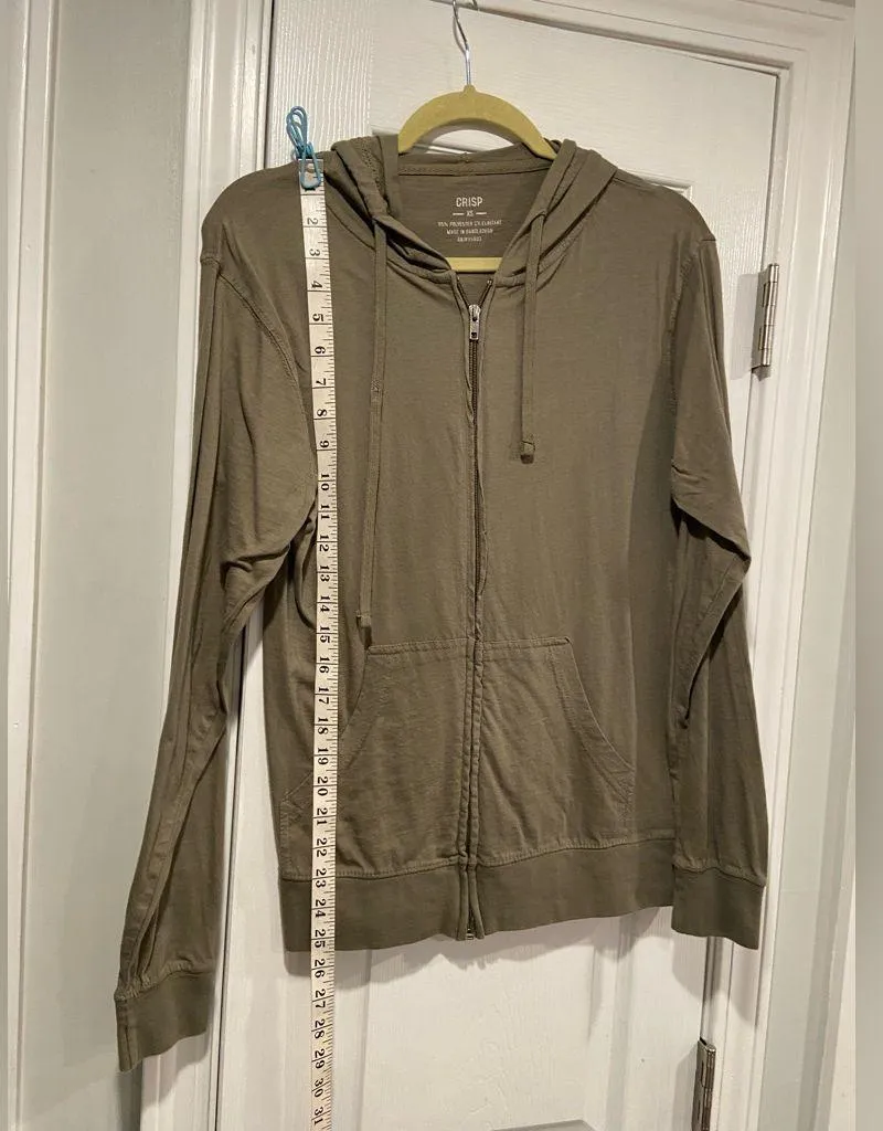 Crisp Size XS Olive Green Ling Sleeve Lightweight Full Zip Hoodie Top Pockets - Image 7