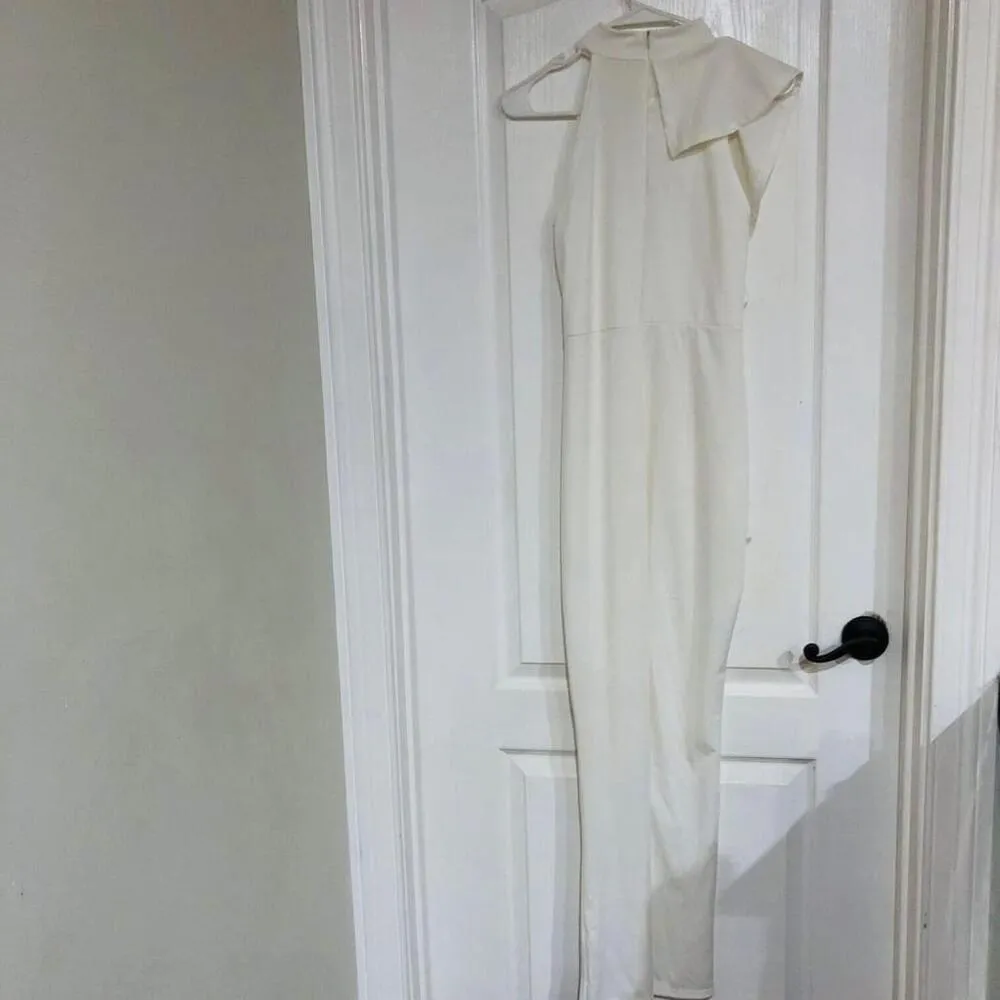 Women's One Shoulder‎ Jumpsuit Ruffle Flutter Sleeve Crew Neck White Size Medium - Image 8