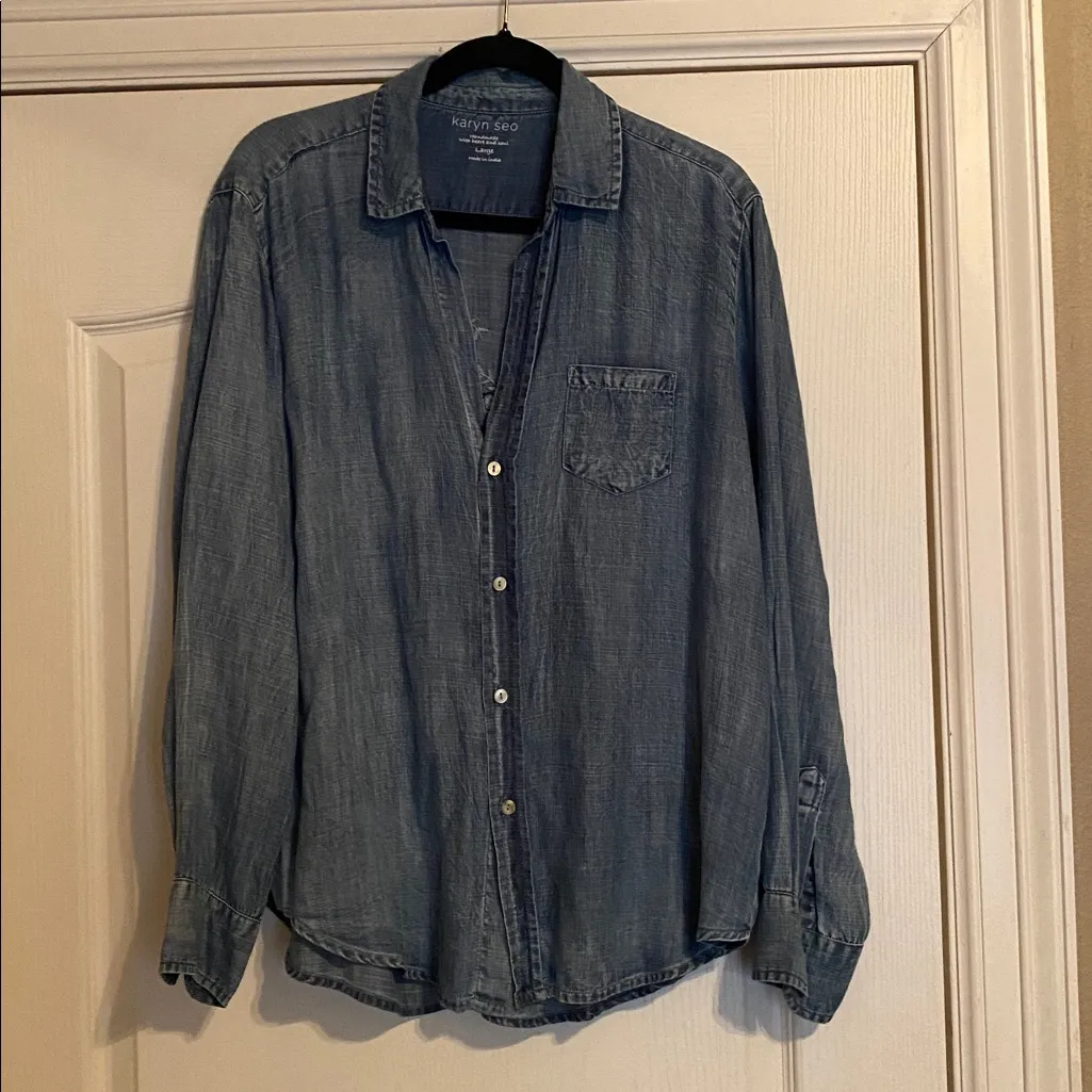 KARYN SEO CHAMBRAY TENCEL DENIM MARI LOVE EMBROIDERED SHIRT Blue Size L - Image 6