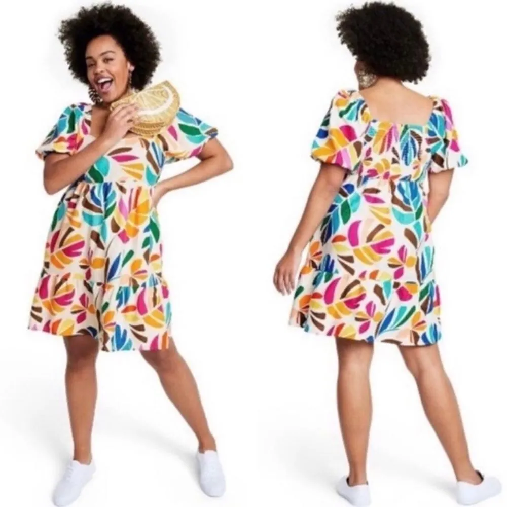 NEW Tabitha Brown Botanical‎ Floral Leaf Multicolor Dress Poof Sleeve Swing M White Size M - Image 2