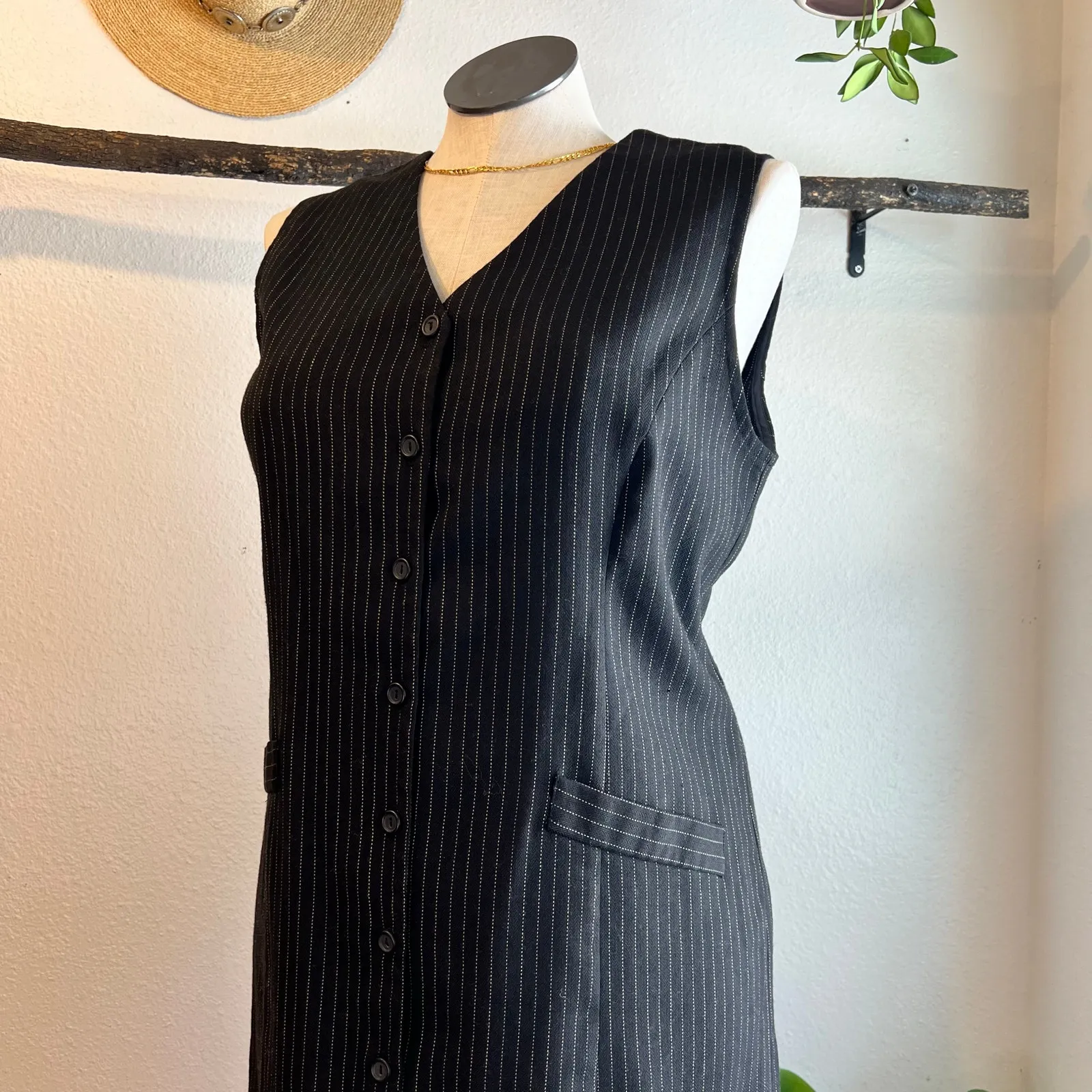 Vintage 90s Croft & Barrow Black Pinstripe Sleeveless Overall Dress Size 16 - Image 2