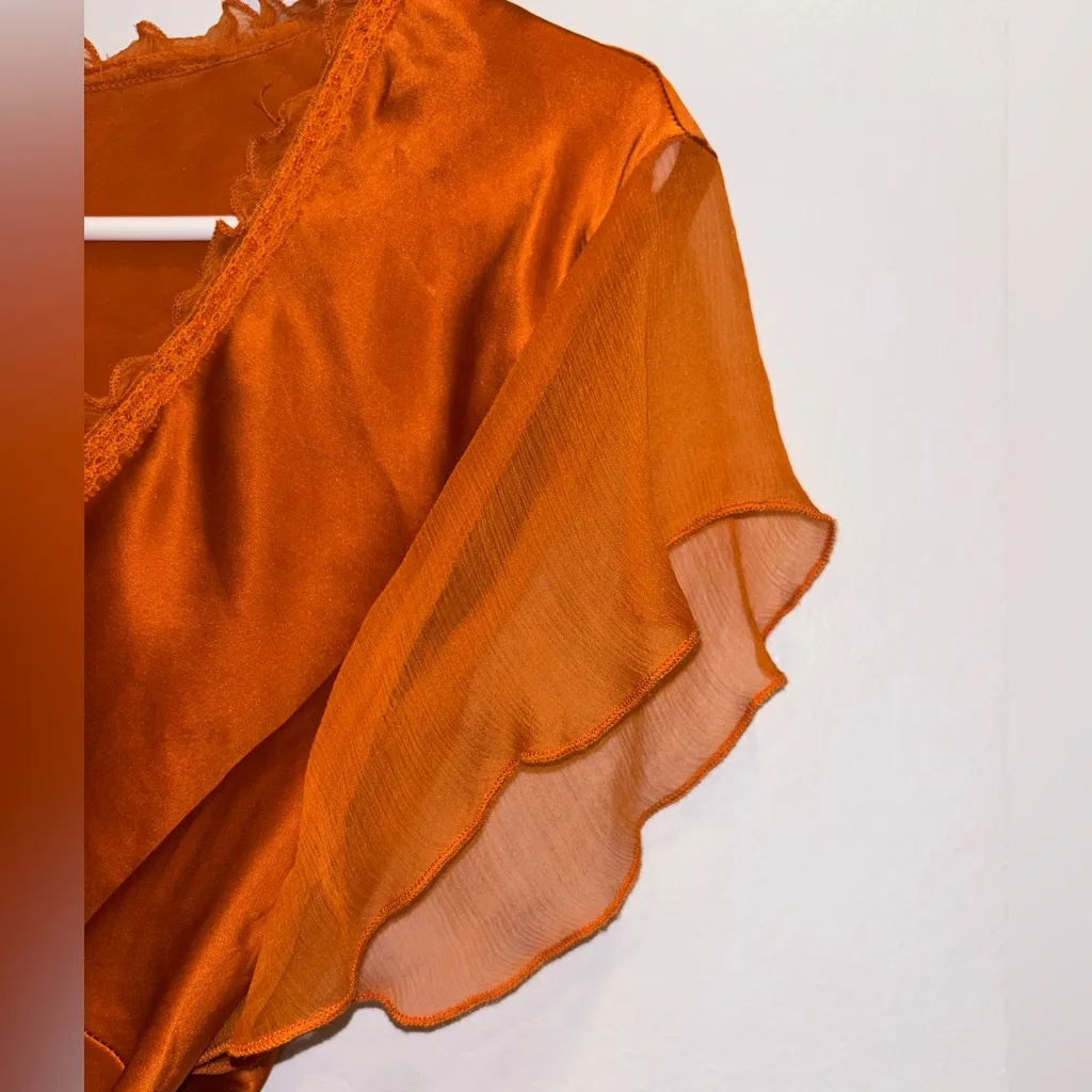 Allison Taylor 100% Silk Vibrant Orange Blouse with Delicate Chiffon Trim - Image 4