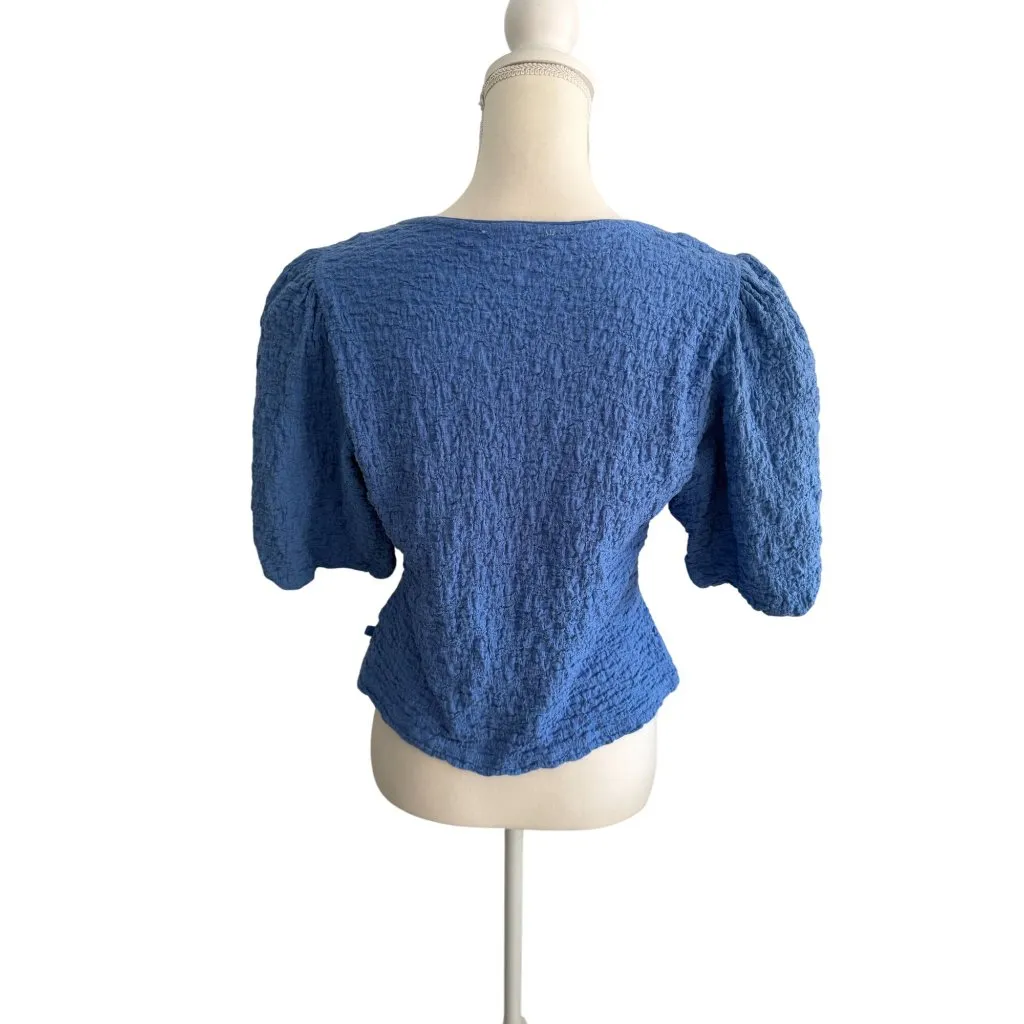 DKNY Blue Silver Button Down Short Sleeve Top Size Large - Image 5