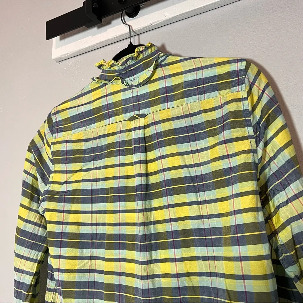 J. Crew Classic Fit Silk Cotton Voile Ruffleneck Shirt Spring Plaid Size 2 - Image 3