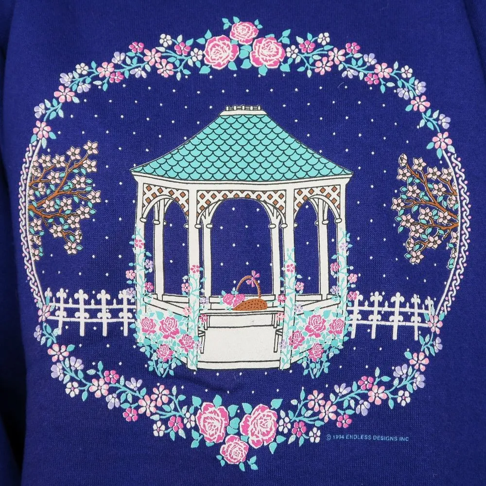 Vintage 90s Purple Floral Gazebo Graphic Collared Sweatshirt Size L - Image 4