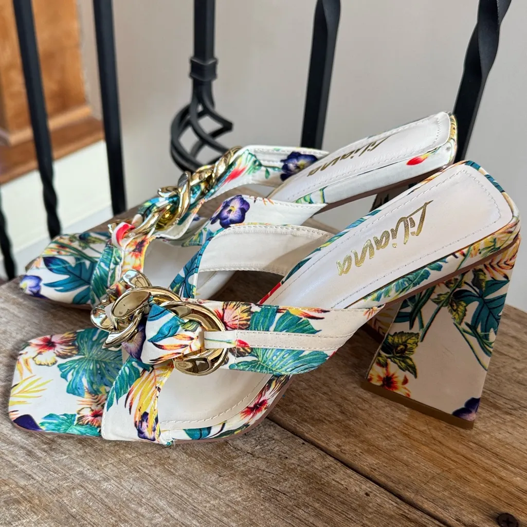 Liliana Floral Block Heel Sandals with gold chain detail 8.5 - Image 2