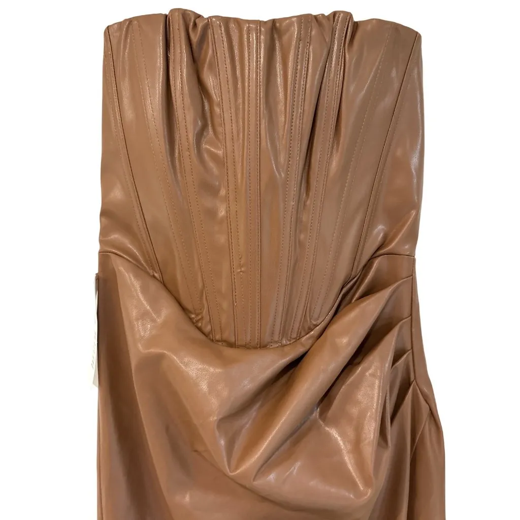 Bardot Everlasting Faux Leather Dress in Camel 2 New Womens Vegan Strapless Midi - Image 5