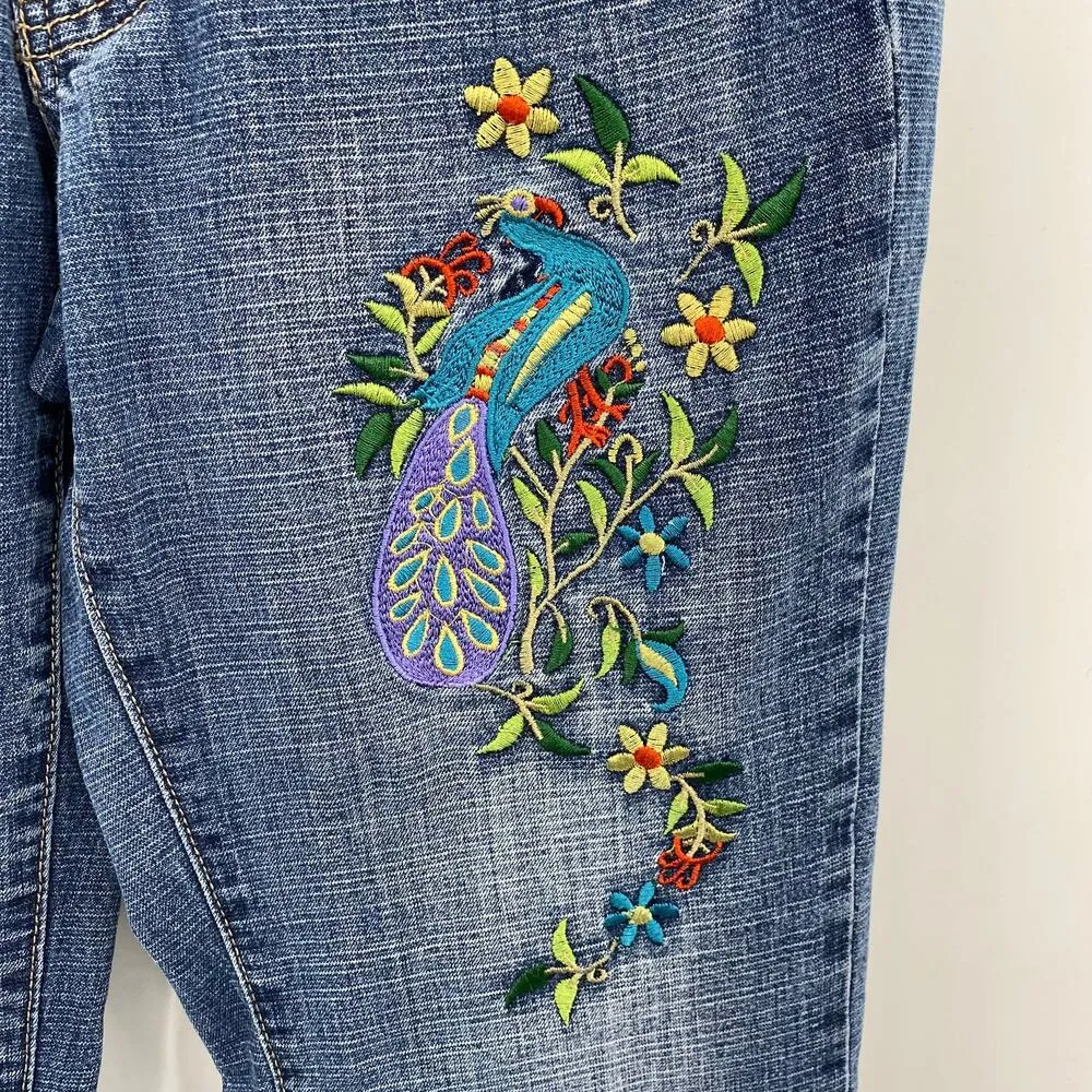 Space Girls Y2K Jeans Peacock Embroidery Womens Size 5 28" Waist Low Rise Blue - Image 6