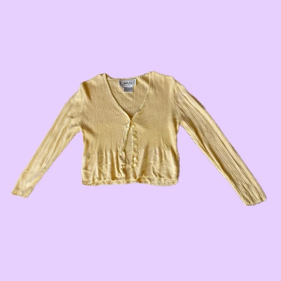 Vintage 90s Yellow Silk Cropped Cardigan Sweater 🔥 - Image 2