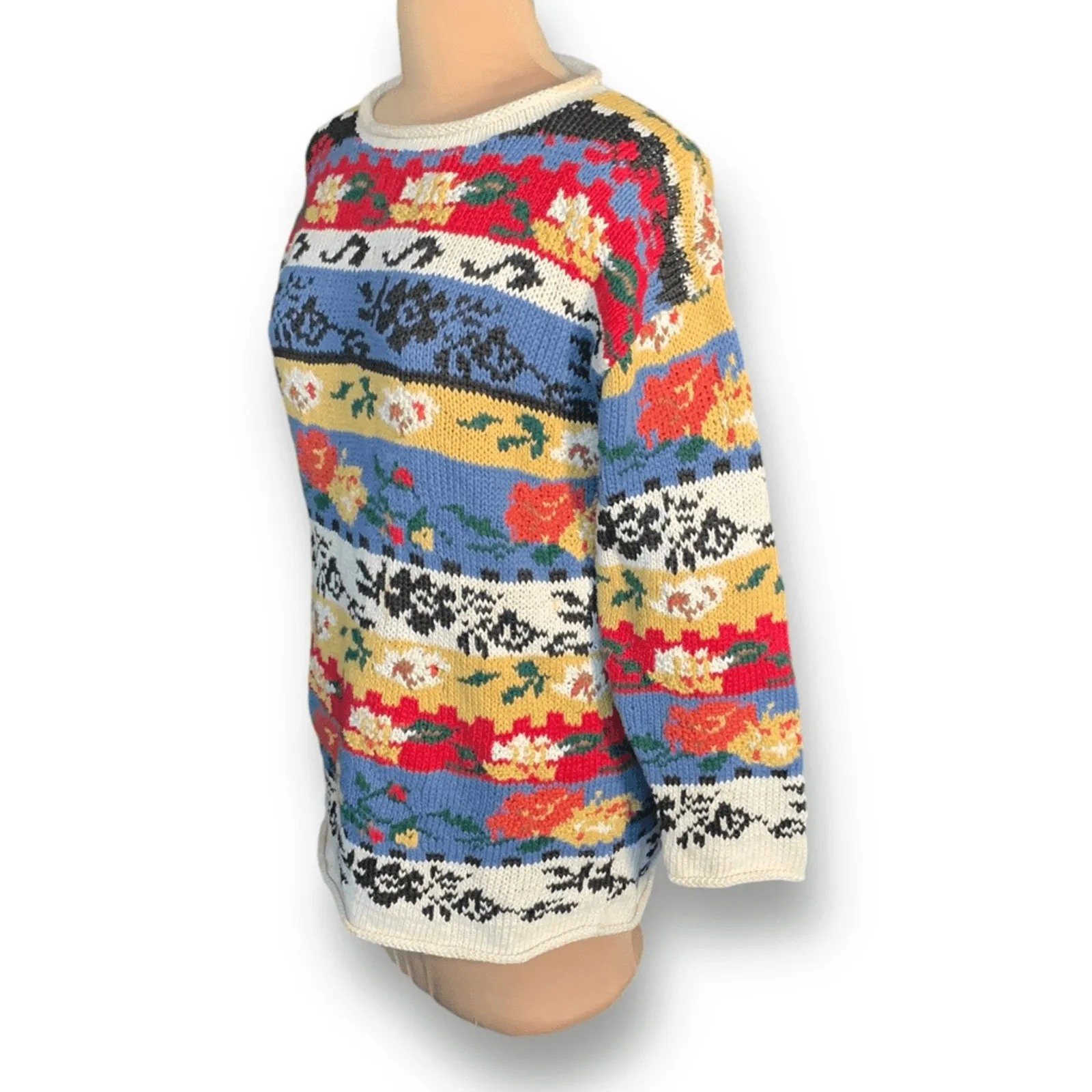 Vintage 90s Forenza Floral Stripe Knit Sweater Blue Red Oatmeal Small Eclectic - Image 7
