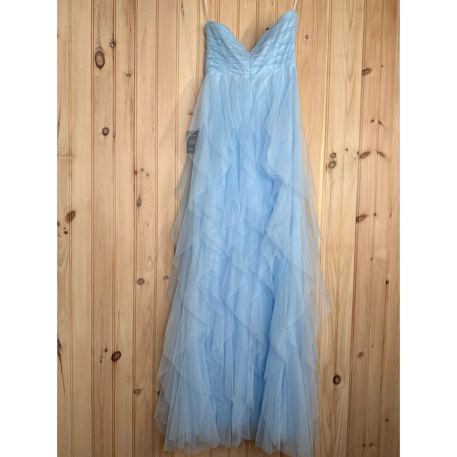 NWT Lulus Delightful Beauty Blue Mesh Strapless Ruched Ruffled Maxi Dress Sz S - Image 5