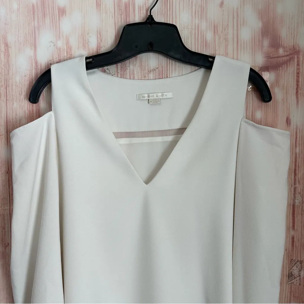 Cooper & Ella White V Neck Cold Shoulder Long Sleeve Double Layer Blouse Size M - Image 3