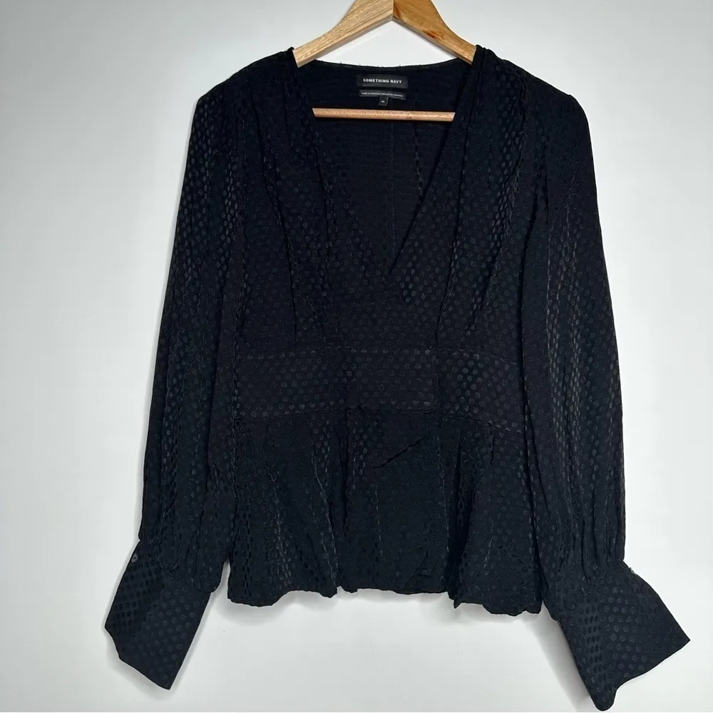 Something Navy Black Jacquard Dot Long Sleeve Blouse Size Medium - Image 2