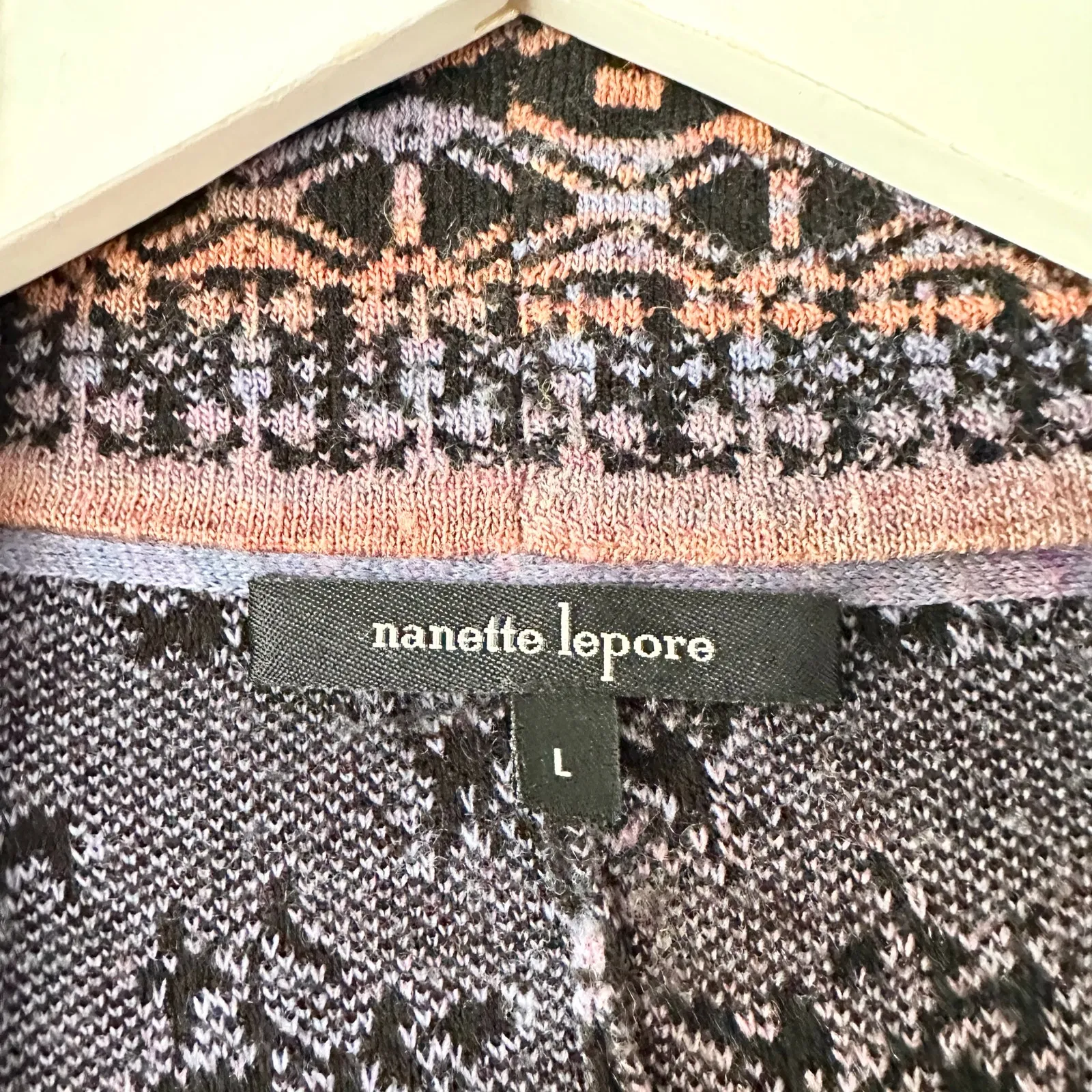Nanette Lepore Bianca Jacquard Black Copper Purple Patterned Wool Cardigan Large - Image 7