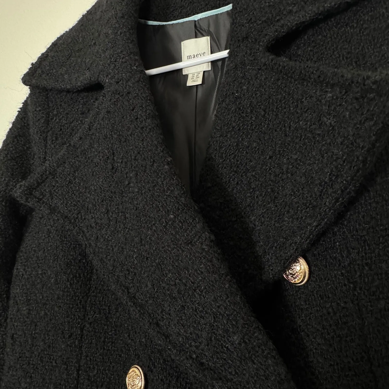 Maeve Black Dble Breasted Tweed Coat Maxi Womens 8P Classic Staple Dark Academia - Image 6