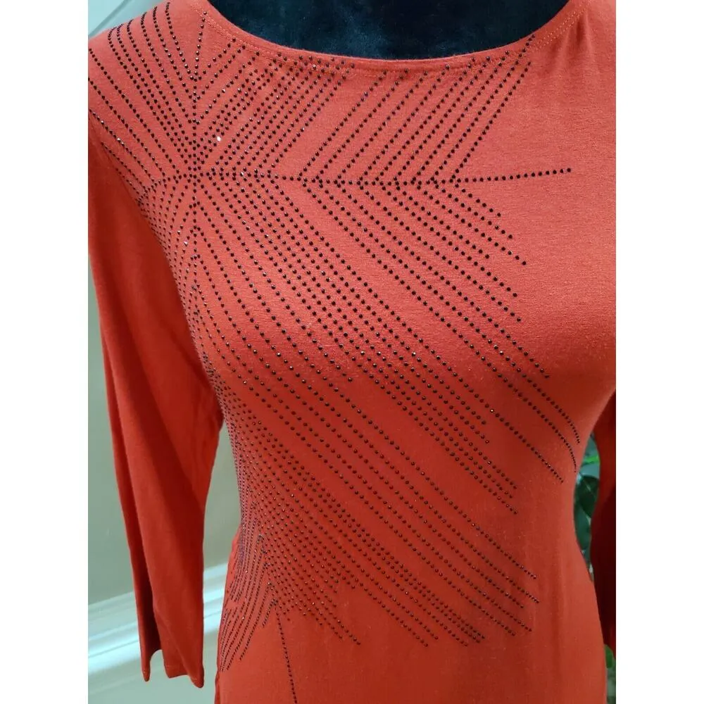 Kenneth Cole Women's Red Beaded Rayon Round Neck Long Sleeve Top Blouse Medium - Image 4