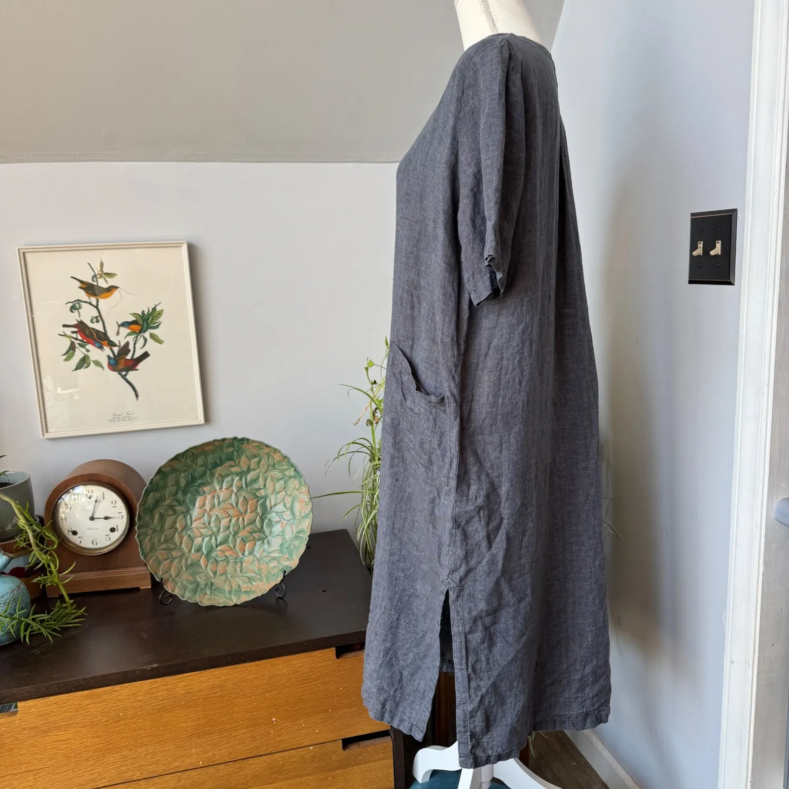 Nygardsanna Linen Dress XS‎ Blue Gray Midi Casual Pockets Short Sleeve Lagenlook - Image 2