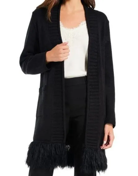 NIC+ZOE Womens S Festive Days Longline Faux Fur Trim Cardigan in Black NEW - Image 1
