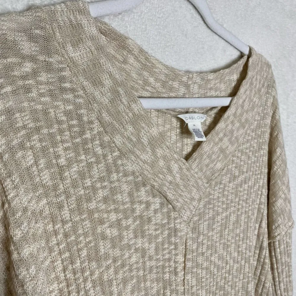 Caslon Rib Knit V-Neck Pullover High Low Hem Tunic Side Slits Cream Size XL - Image 3