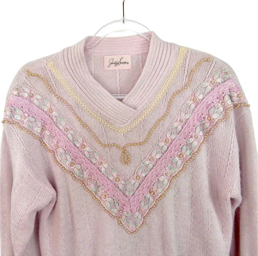 Jaclyn Smith Vintage Pink Beaded Pearl Embroidered Sweater Large Grandmacore - Image 3