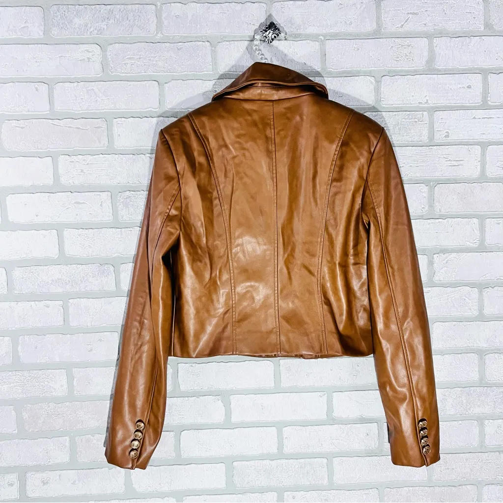 7 For All Mankind Vegan Cropped Leather Jacket in Cognac Size M - Image 4