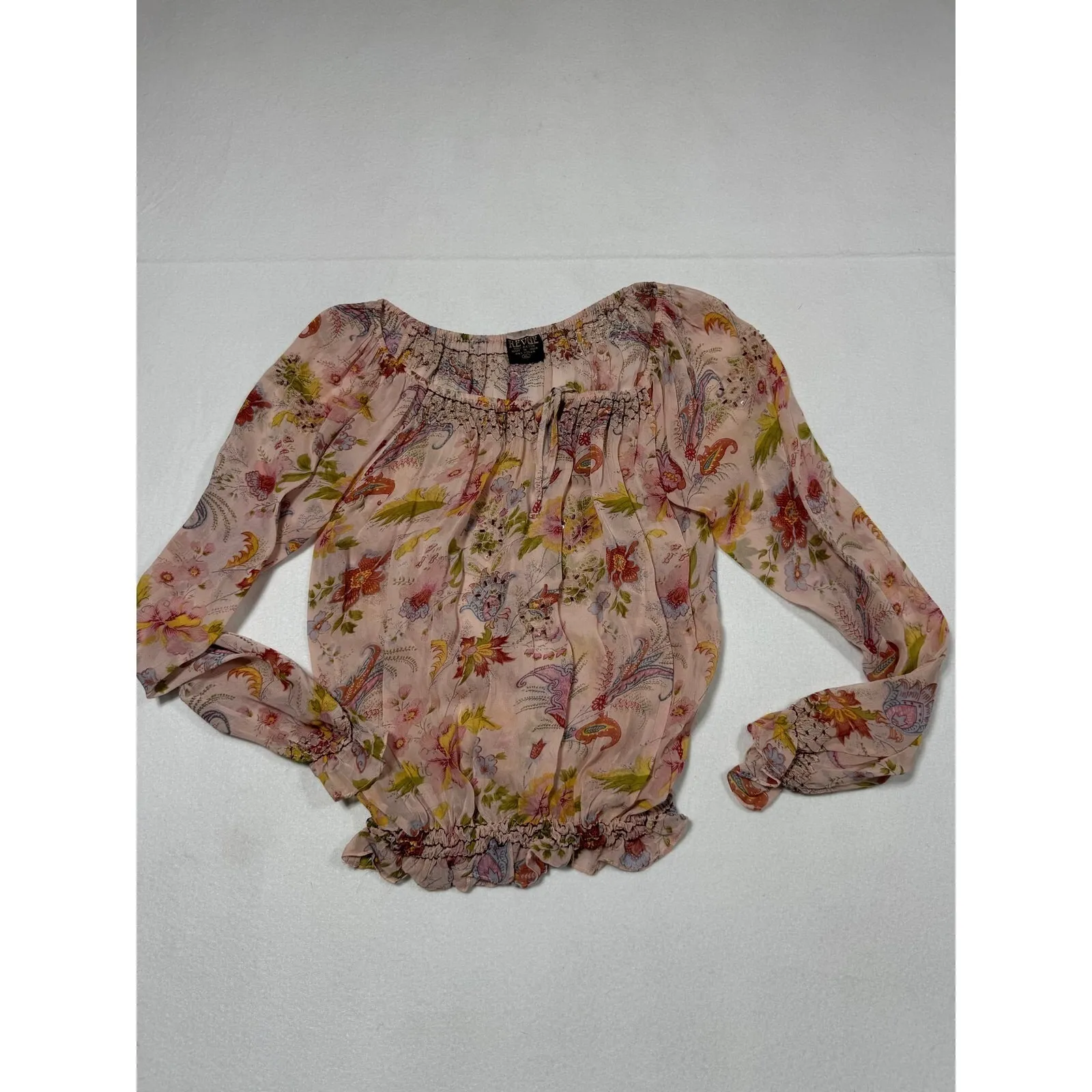 Vintage Revue Boho Floral Smocked Peasant Blouse Pink Rayon Ruffle Hem XL‎ - Image 4