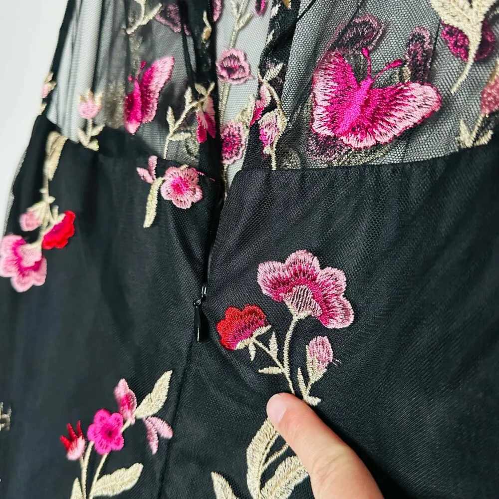 SHOSHANNA MIDNIGHT Black Pink Bayard Embellished Floral Mesh Mini Dress Size 8 - Image 14