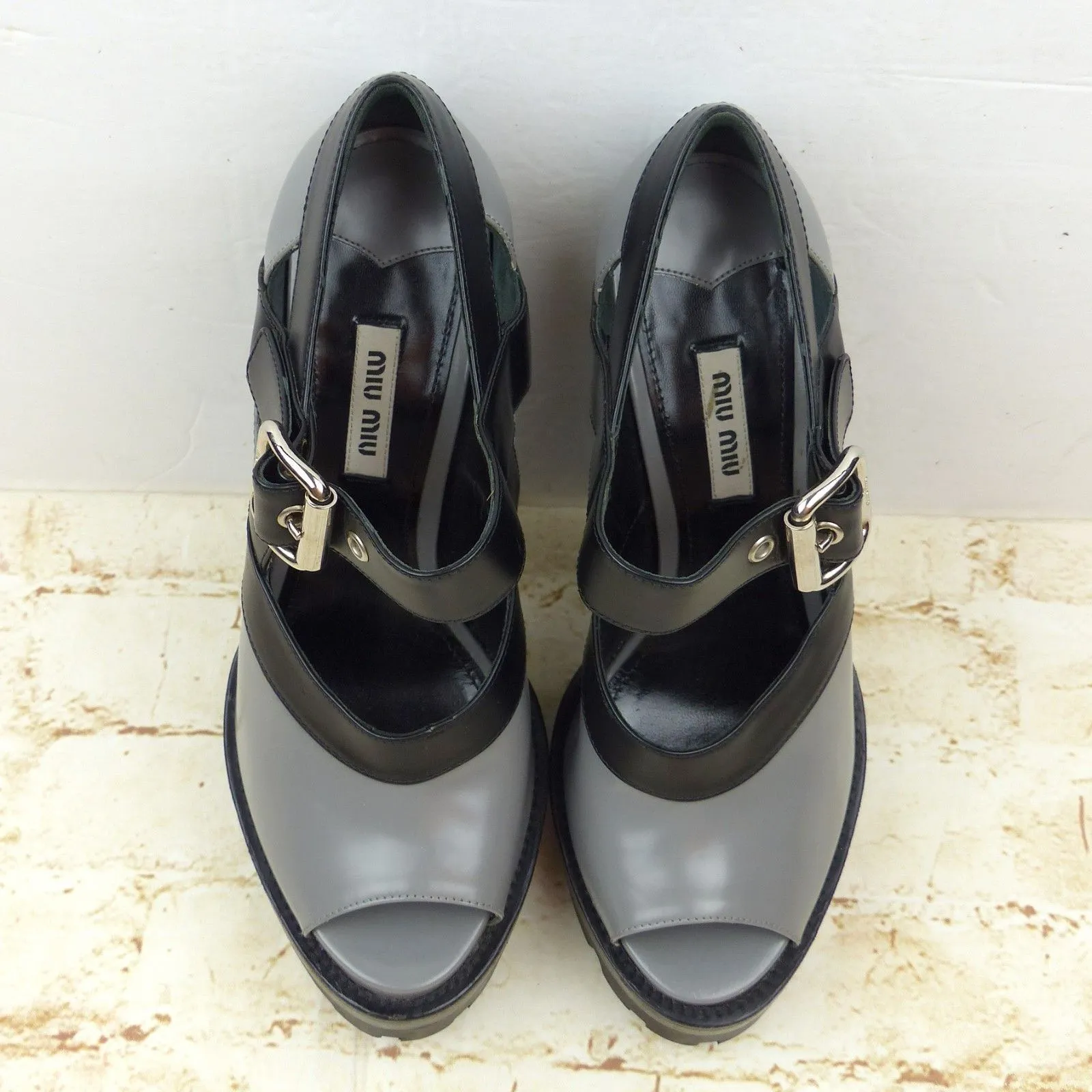 Miu Miu Fall 13 Runway Platform Heels Women 40 Gray Black Patent Mary Jane Shoes - Image 11