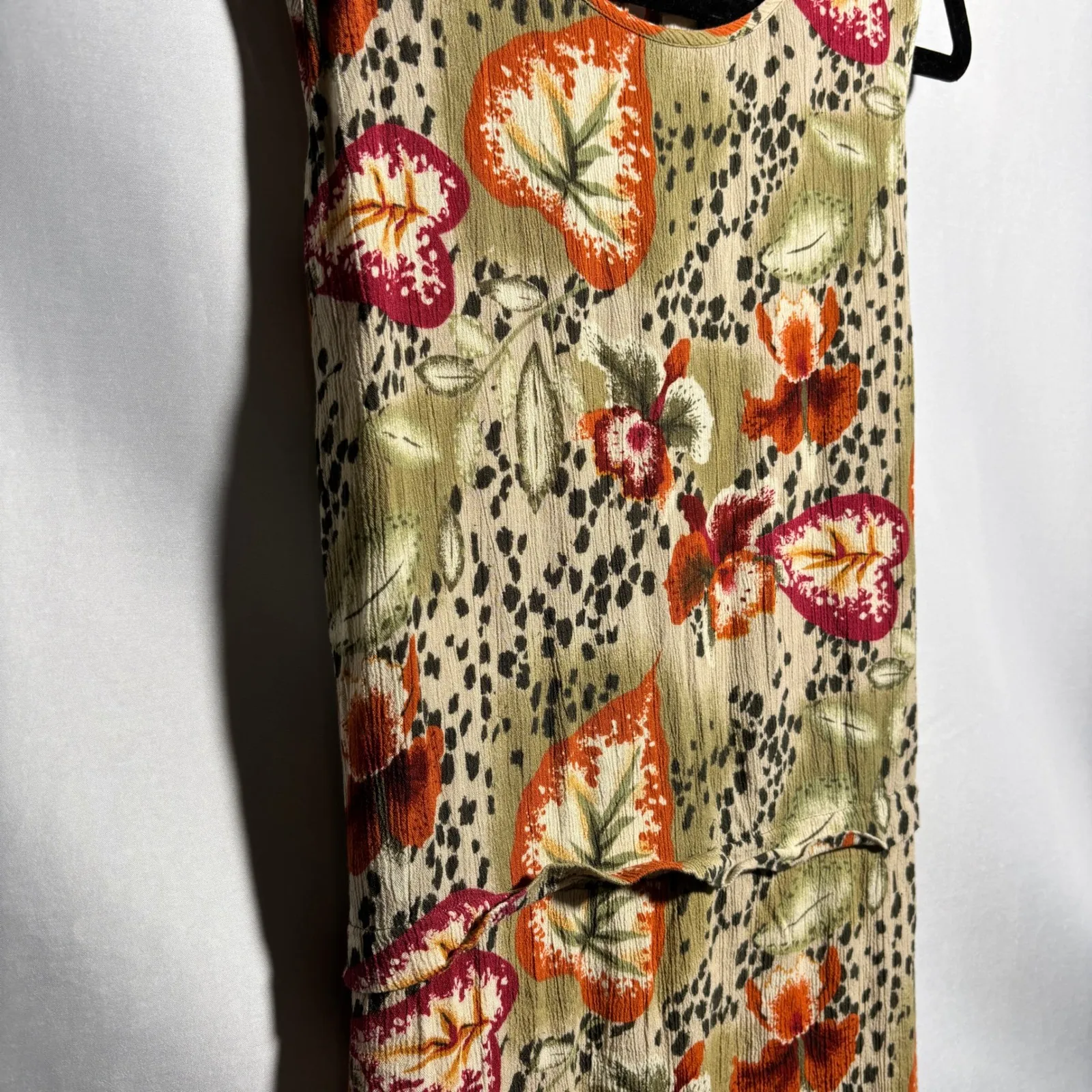 VTG 90s Floral Animal Print Crinkle Rayon Midi Maxi Dress Waist Tie Boho L Retro Tan Size L - Image 4