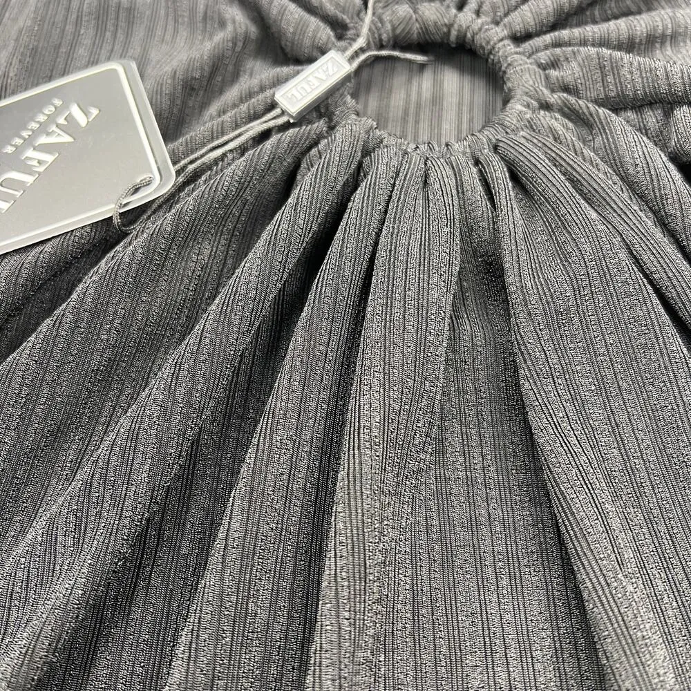 Zaful Swim Cover Up Ribbed Black V-Neck O-Ring Short Sleeve New w/Tags Size L - Image 9