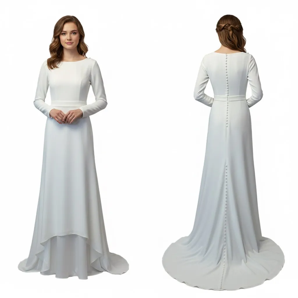 Mingda’s Dress NWT Long Sleeve Bridal Gown White Minimalist Crepe Train Size undefined - Image 2