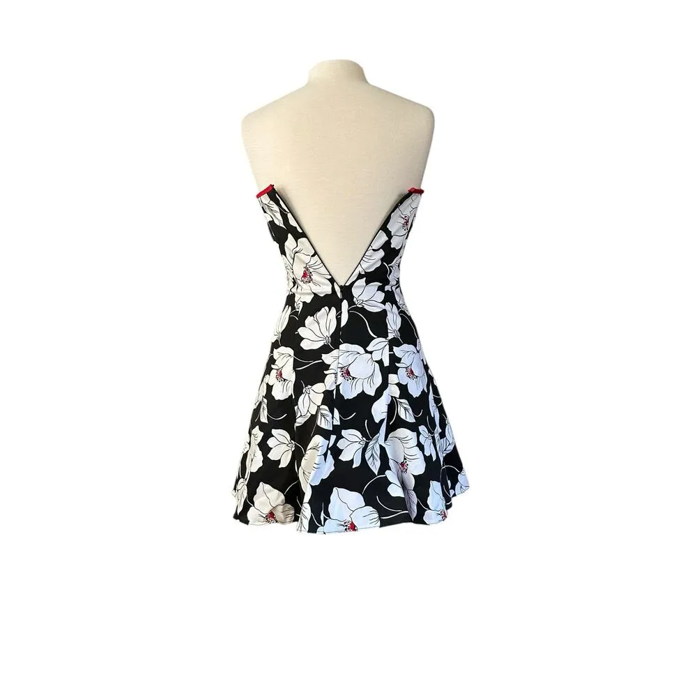 VTG GUNNE SAX Jessica McClintock Strapless Black White Floral Red Trim Dress  6 - Image 3