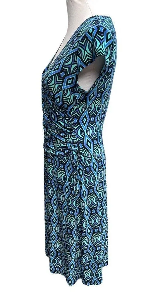 Evan Picone Pattern Faux Wrap Midi Dress Blue Teal Black Size 10 - Image 3