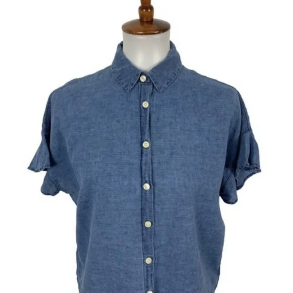 Madewell  Small Linen Blend Short Sleeve Ruffle Chambray Button‎ Down Shirt Blue - Image 2