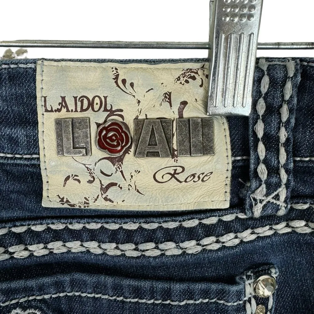 L.A. Idol USA Medium Wash Low Rise Embellished Studded Straight Leg Jeans Size 3 Blue - Image 6
