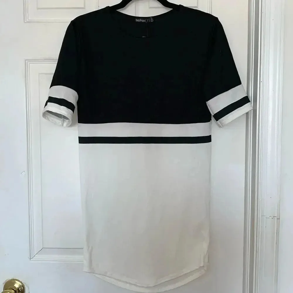 Boohoo Caris Curve Hem Color Block Shift Dress Black White Size 0 - Image 2