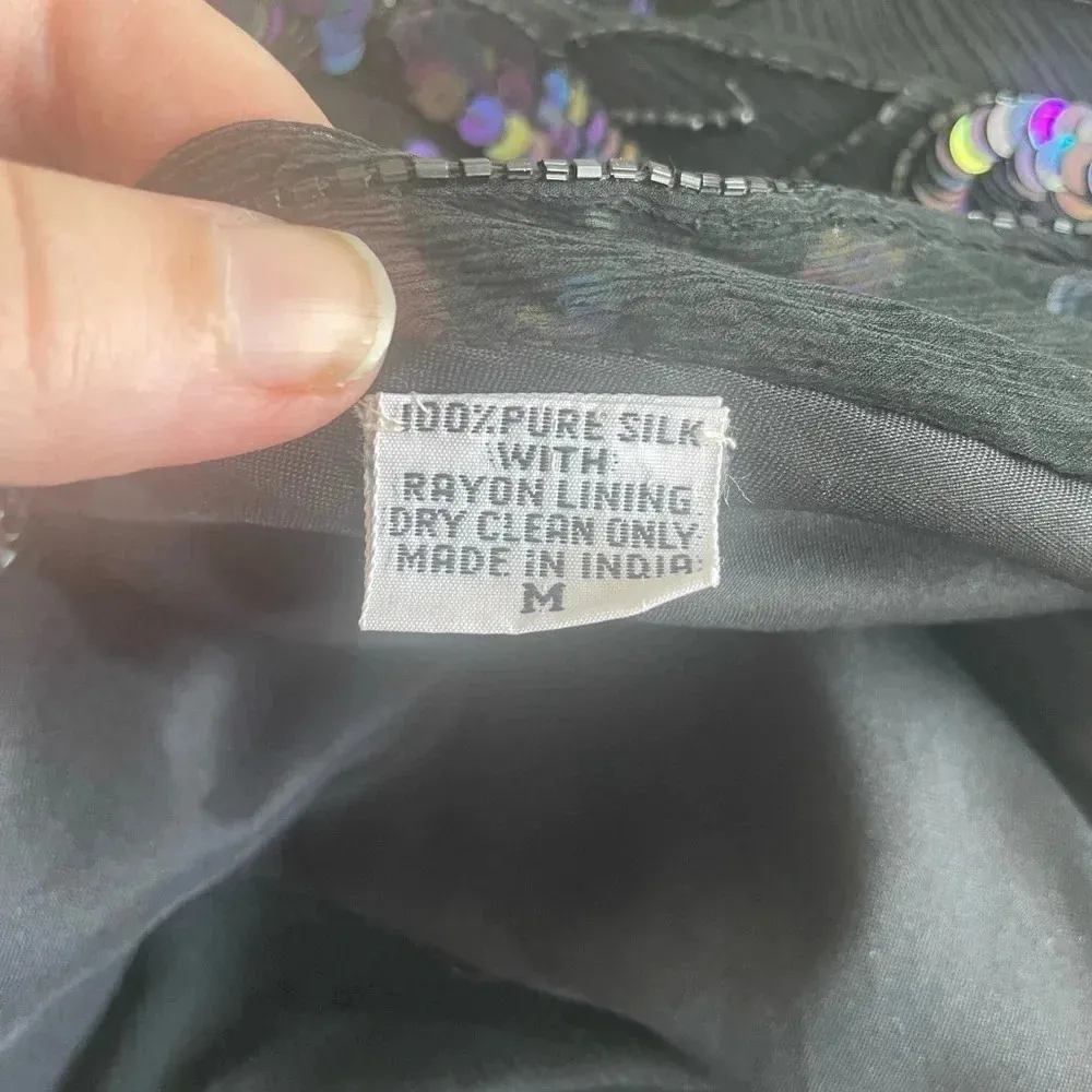 VTG 80’s Laurence Kazar Black Silk Rainbow Iridescent Sequin Rose Mesh Top M 176 - Image 10