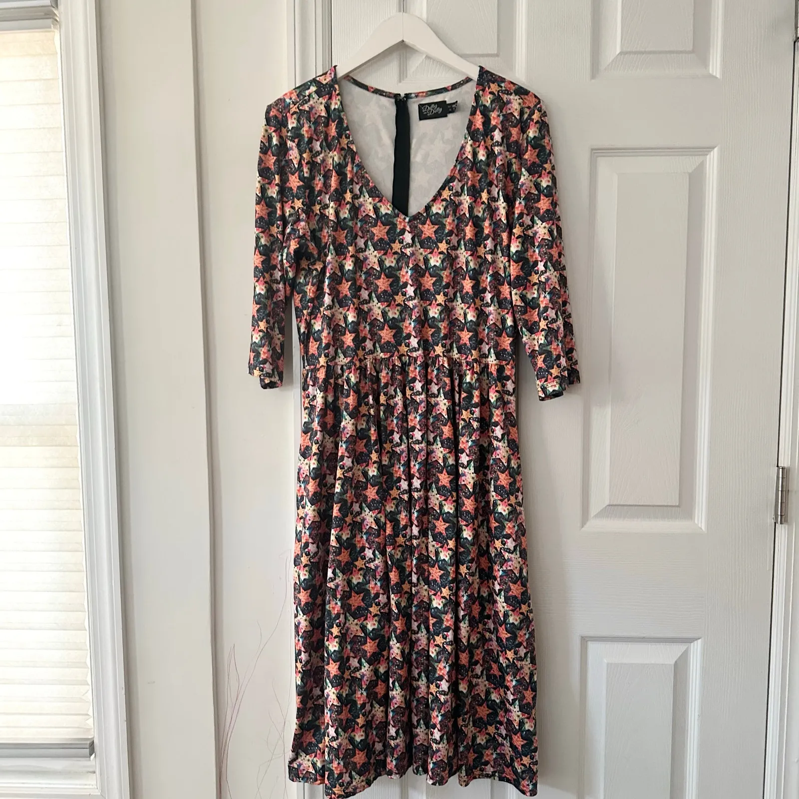 Dolly and Dotty Unique Vintage Billie Black Orange Stars Midi Flared Dress 12 - Image 6