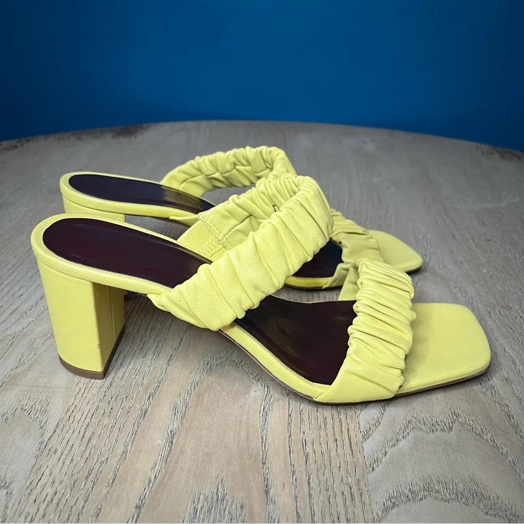 Staud Frankie Ruched Leather Block Heel Sandals Mules Yellow Size 37 Womens 7 - Image 2
