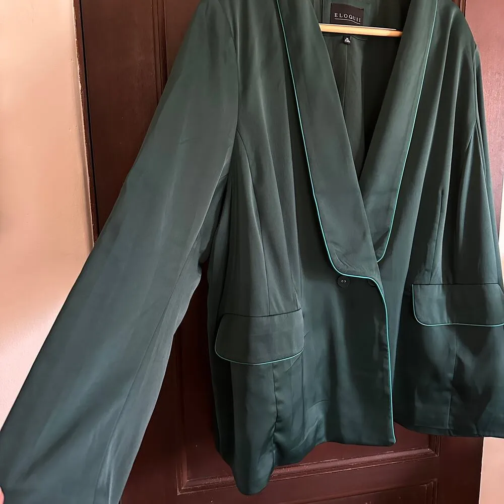ELOQUII | Emerald Green Satin Shawl Collar Blazer with Piping | 28 - Image 5