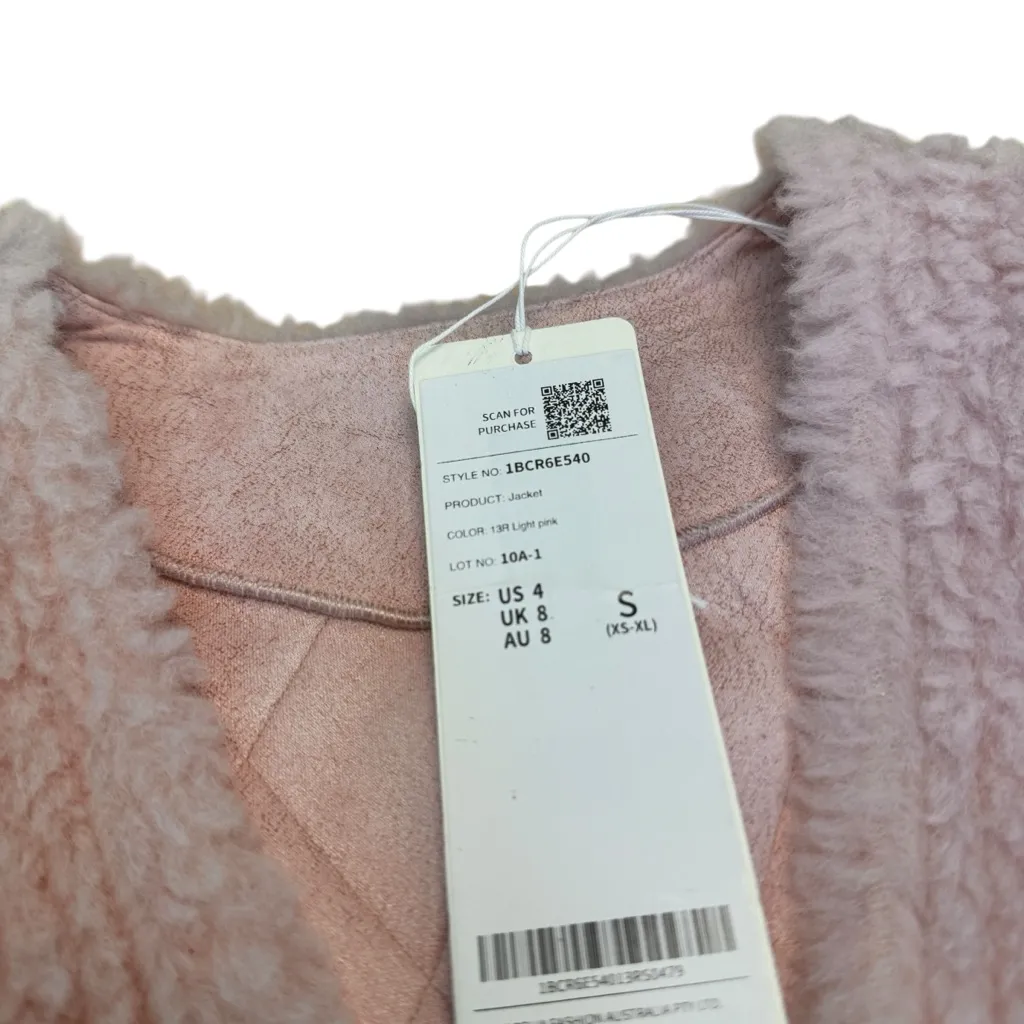 Goelia NWT RARE Pink Faux Fur Cropped Jacket Crystal Button Teddy Coat Small Size 4 - Image 6