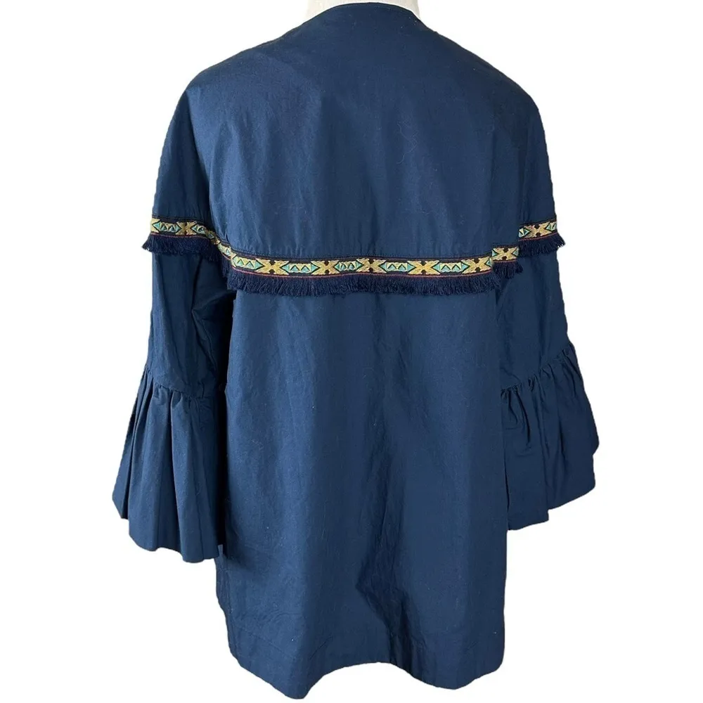 Zara Basic Western Navy Blue Bell Sleeve Fringe Aztec Trim Jacket Size XS NWT - Image 11